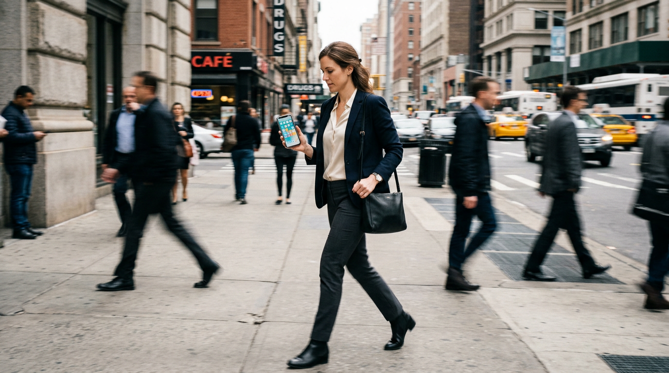 Insurance professional on a city sidewalk checking a smartphone—technology in distribution