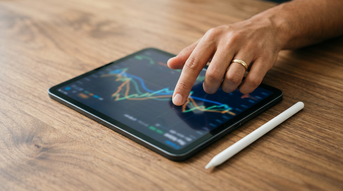 Close-up of a tablet showing a blurred financial chart—illustrations and digital review