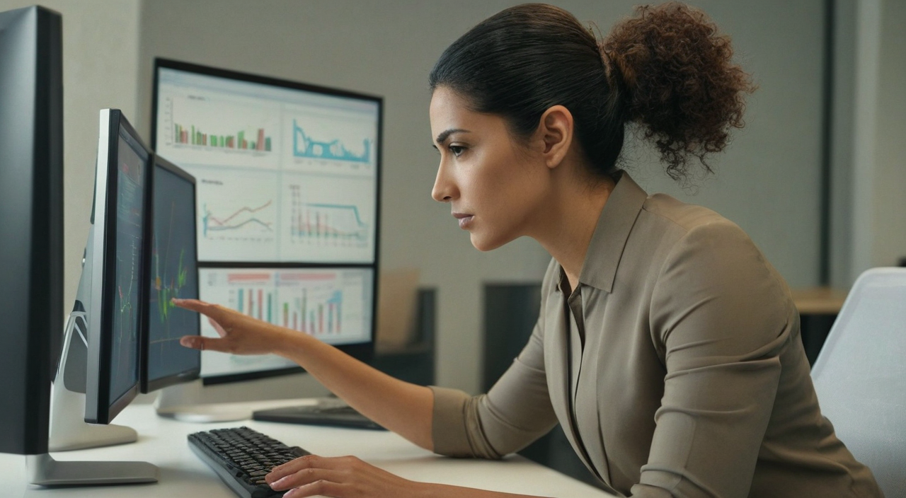Woman at office desk working on a computer whose monitor shows a record-breaking upward growth chart—MIB Life Index Q1 2026 context