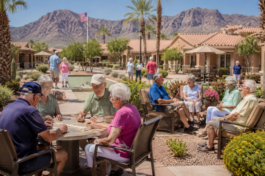 Active seniors socializing outdoors at a sunny residential community—final expense and peace of mind in retirement