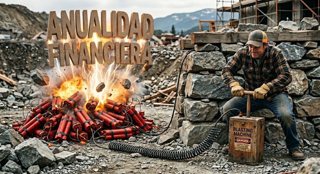 Metáfora editorial: ANUALIDAD FINANCIERA sobre dinamita conectada a una máquina de detonación, operador detrás de un muro al detonar la carga—actualización del 17 de mayo de 2026