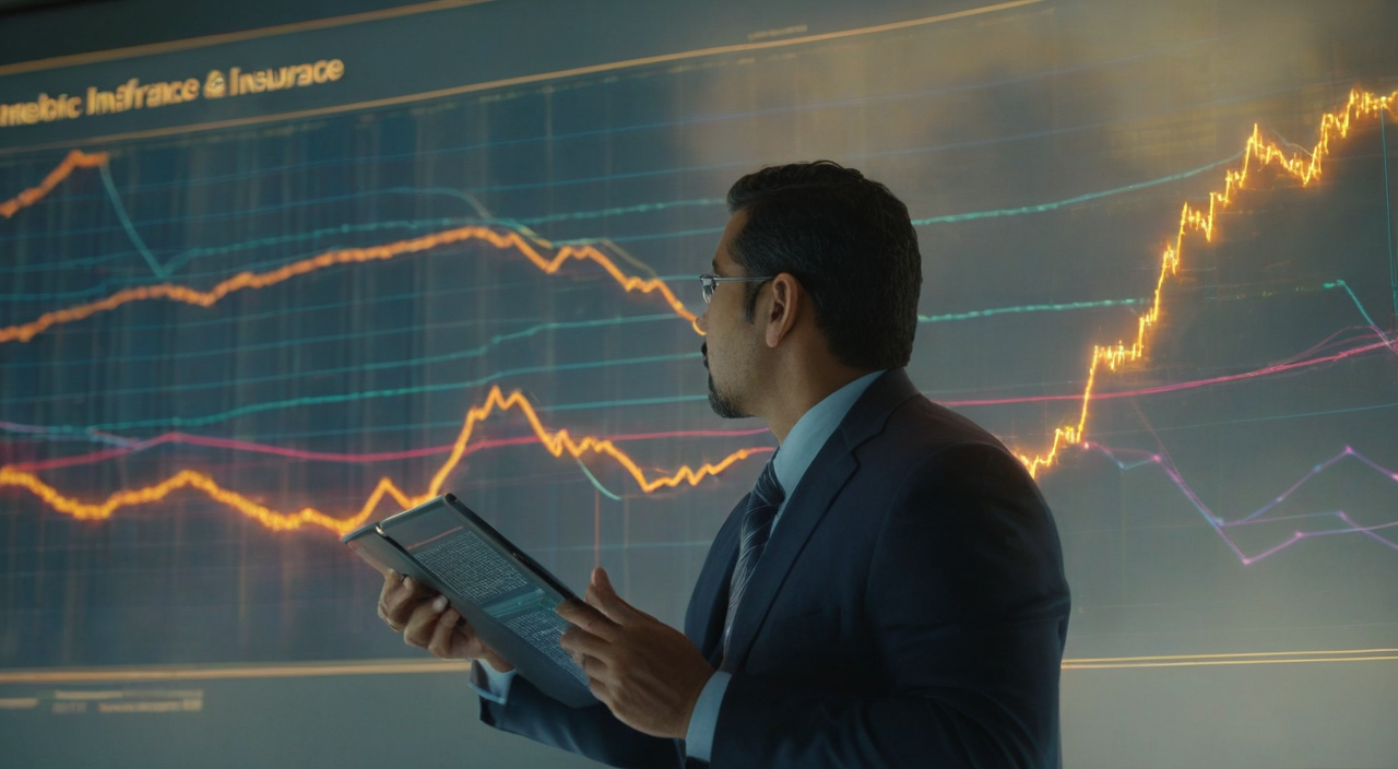 Hispanic insurance executive reviewing trend charts—ALIRT industry transition, annuities, and private capital
