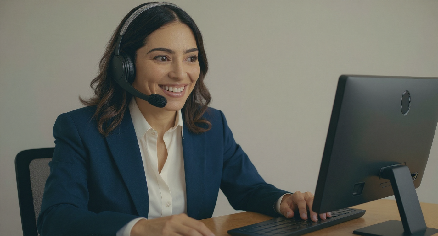 Hispanic life insurance agent at her desk wearing a call headset while speaking with a client—AI final expense lead generation