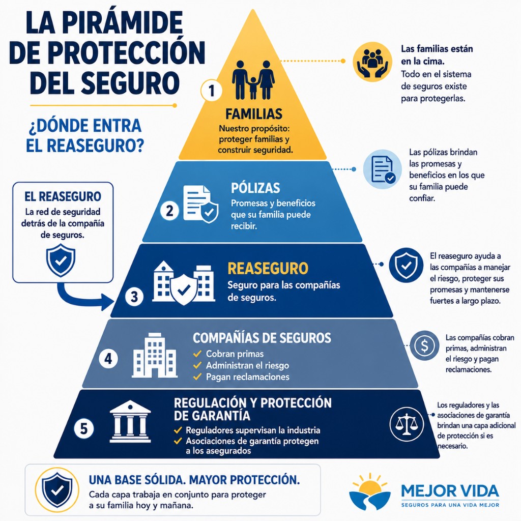 La pirámide de protección del seguro — infografía Mejor Vida: familias, pólizas, reaseguro, compañías y regulación