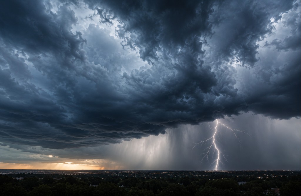 Lightning storm over a city at dusk—catastrophe risk and InsurTech investment week May 2026