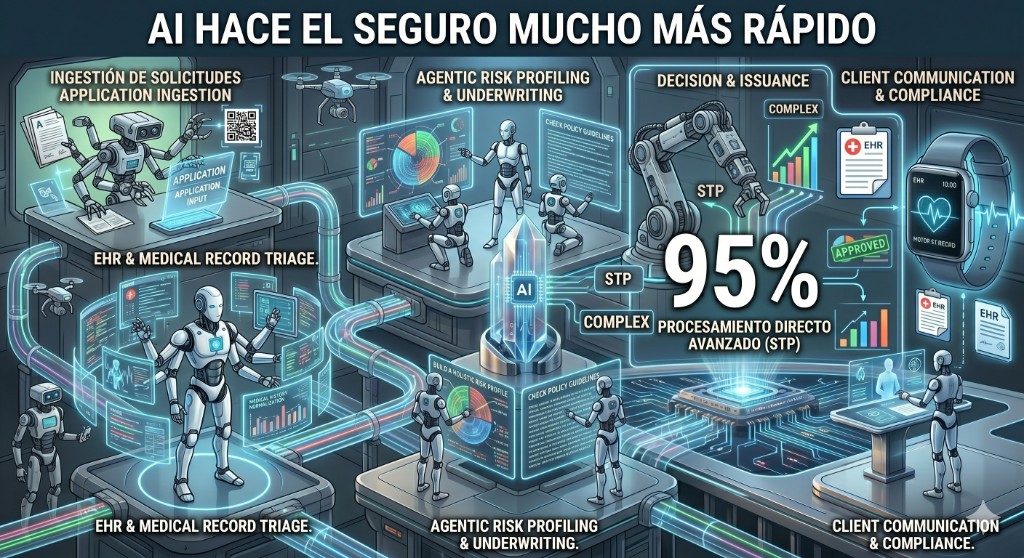 Infografía: AI hace el seguro mucho más rápido — flujo de suscripción automatizado con EHR, perfil de riesgo y procesamiento directo (STP)