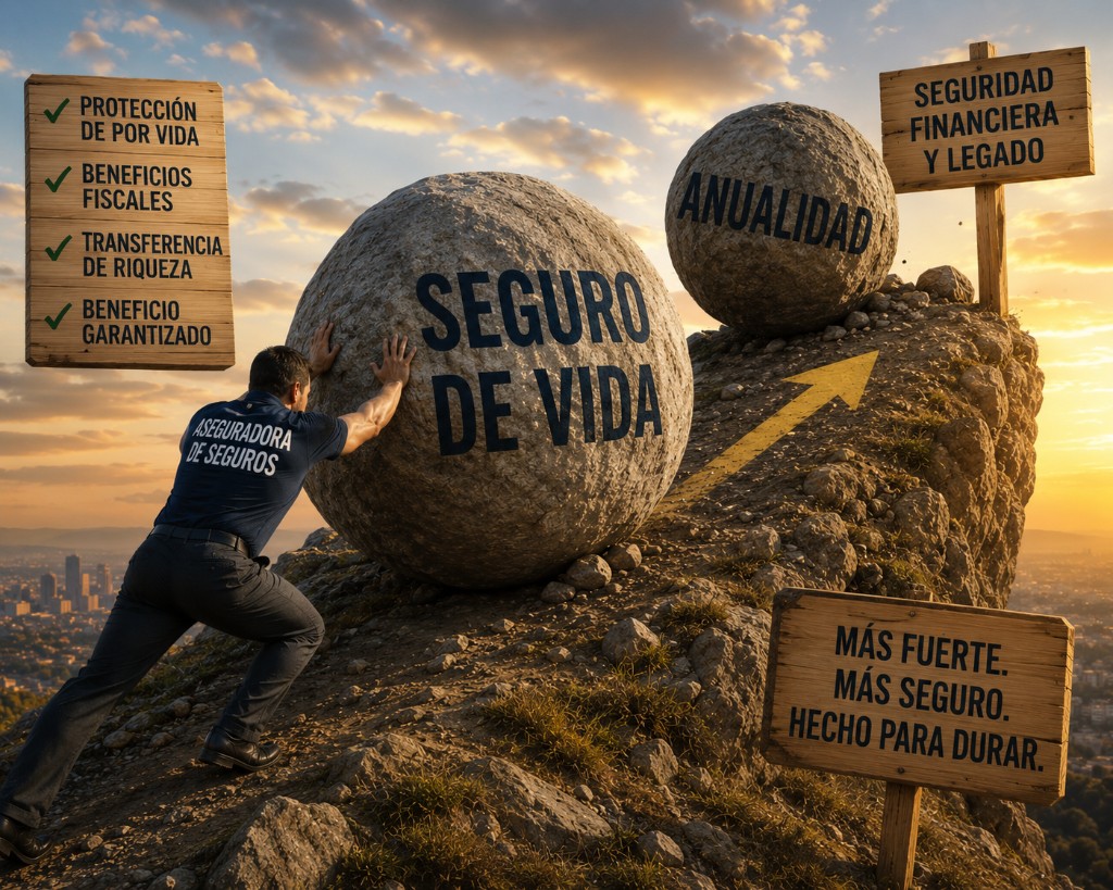 Metáfora editorial: agente empuja roca SEGURO DE VIDA hacia ANUALIDAD en montaña — seguro de vida como la nueva anualidad, protección y legado