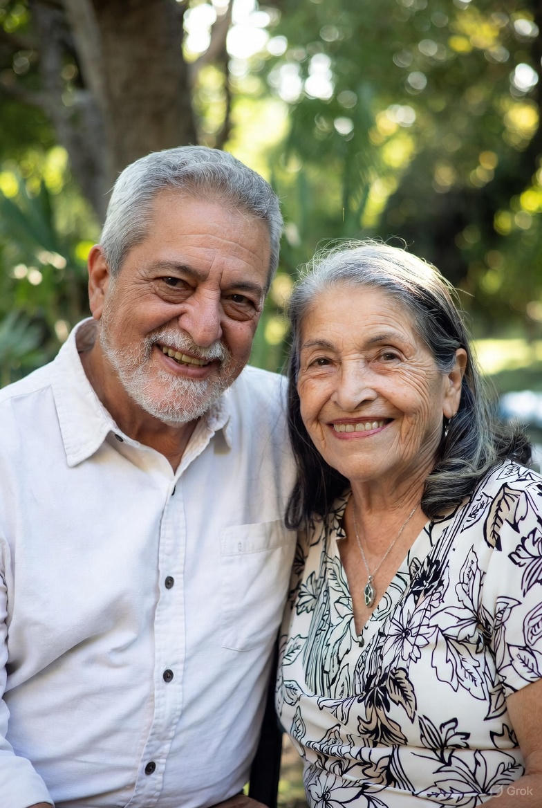 Elderly Hispanic couple smiling