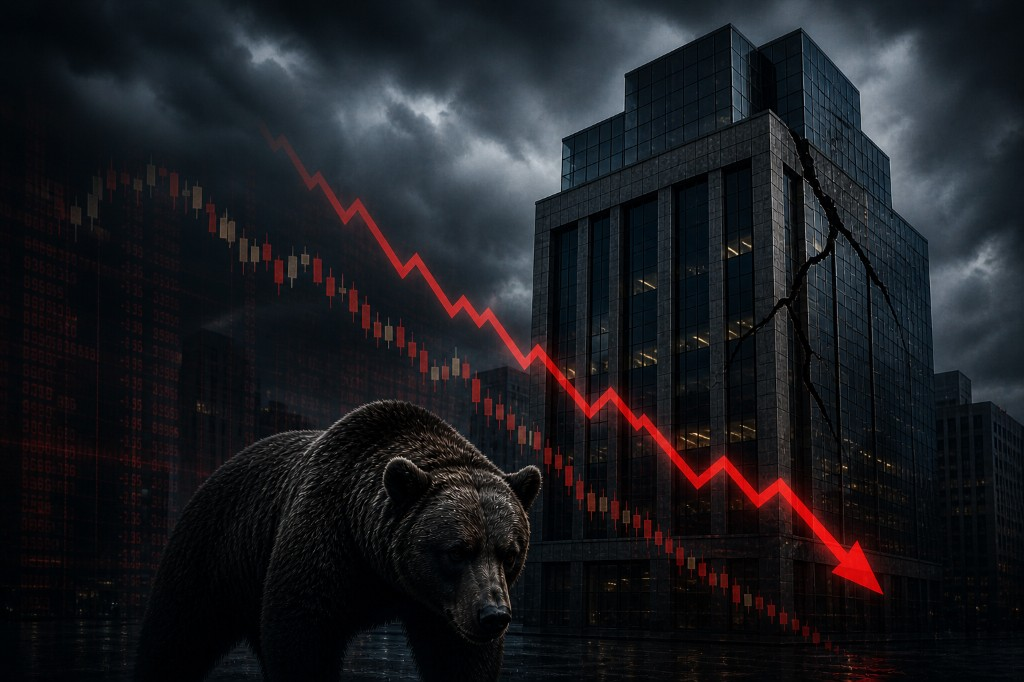 Stylized bear-market scene: grizzly bear, cracked glass tower, and red downward stock chart under storm clouds—visual metaphor for financial stress in the life insurance sector