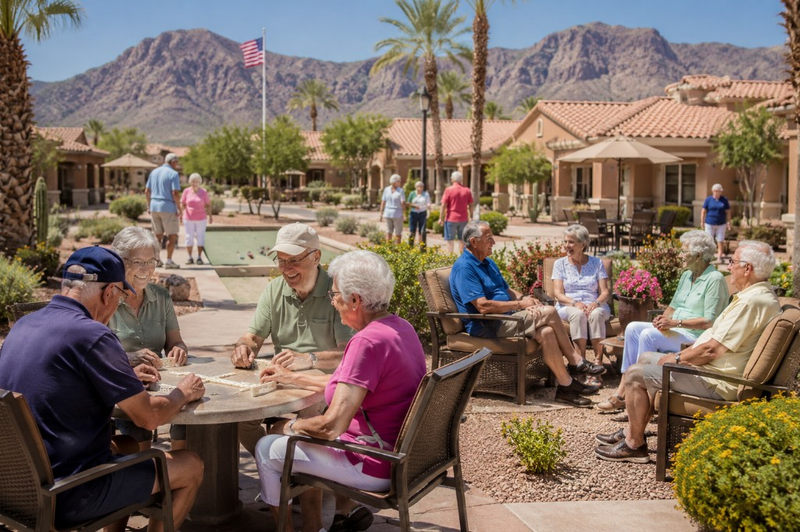Active seniors socializing outdoors at a sunny residential community—final expense and peace of mind in retirement
