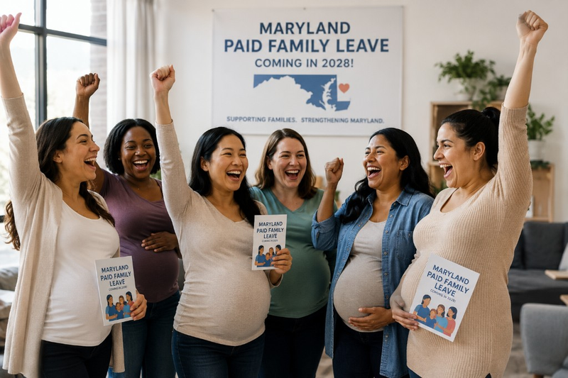 Maryland Paid Family Leave — mujeres embarazadas celebran cartel Coming in 2028, apoyando familias y fortaleciendo Maryland, junio 2026