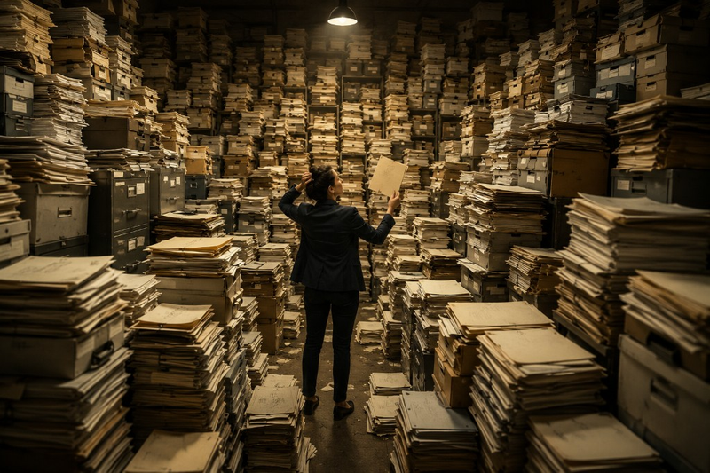 Mujer buscando entre archivos de pólizas perdidas — metáfora del localizador de seguros de vida y beneficios no reclamados en Tennessee, junio 2026