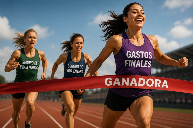 Corredora gana la meta con camiseta «Gastos finales», delante de «Seguro de vida entera» y «Seguro de vida a término» — ventas récord del primer trimestre de 2026