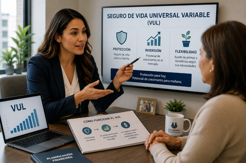Agente explica seguro de vida universal variable a clienta — protección, inversión y flexibilidad, junio 2026