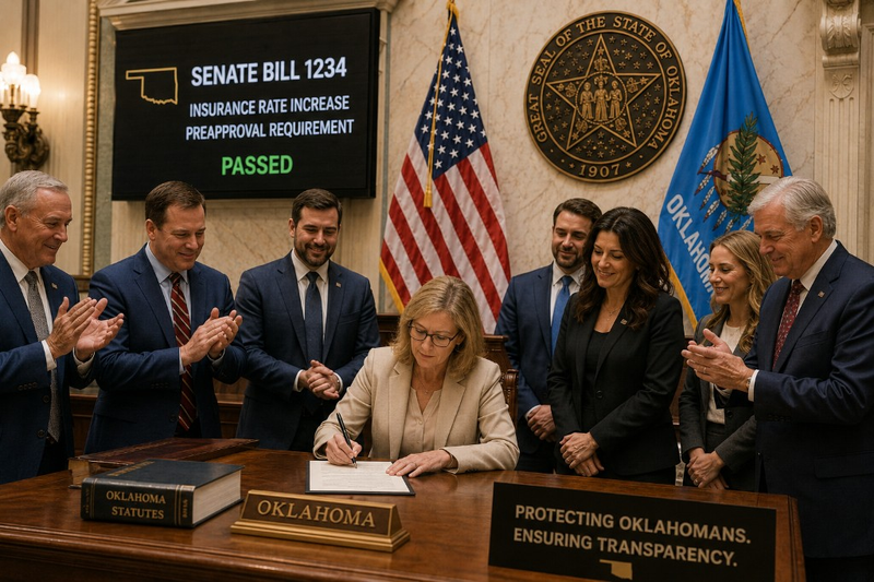 Ceremonia de firma de ley en Oklahoma sobre preaprobación de aumentos de tarifas de seguros — protección y transparencia, junio 2026