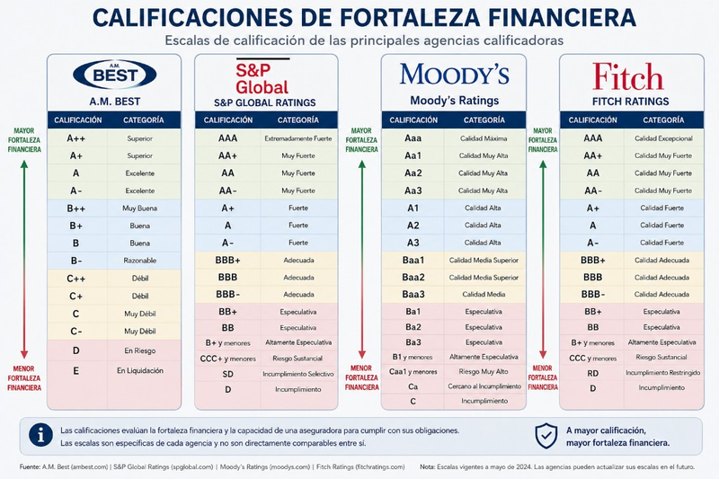 Escalas de calificaciones de fortaleza financiera — AM Best, S&P, Moody's y Fitch, junio 2026