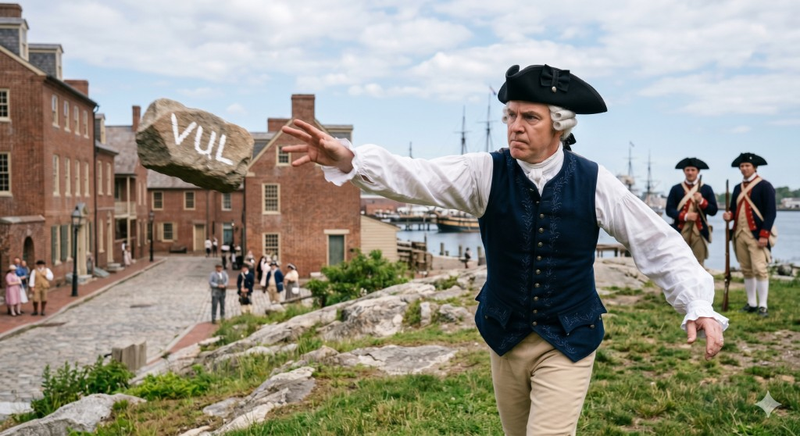 Figura de época colonial lanzando una roca marcada VUL en escena del puerto de Boston — metáfora del lanzamiento de Protection Variable Universal Life de John Hancock, junio 2026