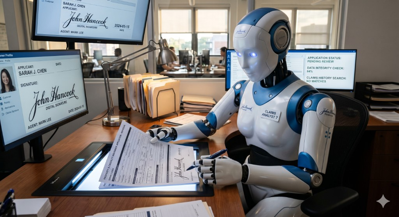 Robot analista de IA revisando una solicitud de seguro de propiedad y accidentes en un escritorio con varios monitores — metáfora del lanzamiento de suscripción automatizada de Sixfold, junio 2026