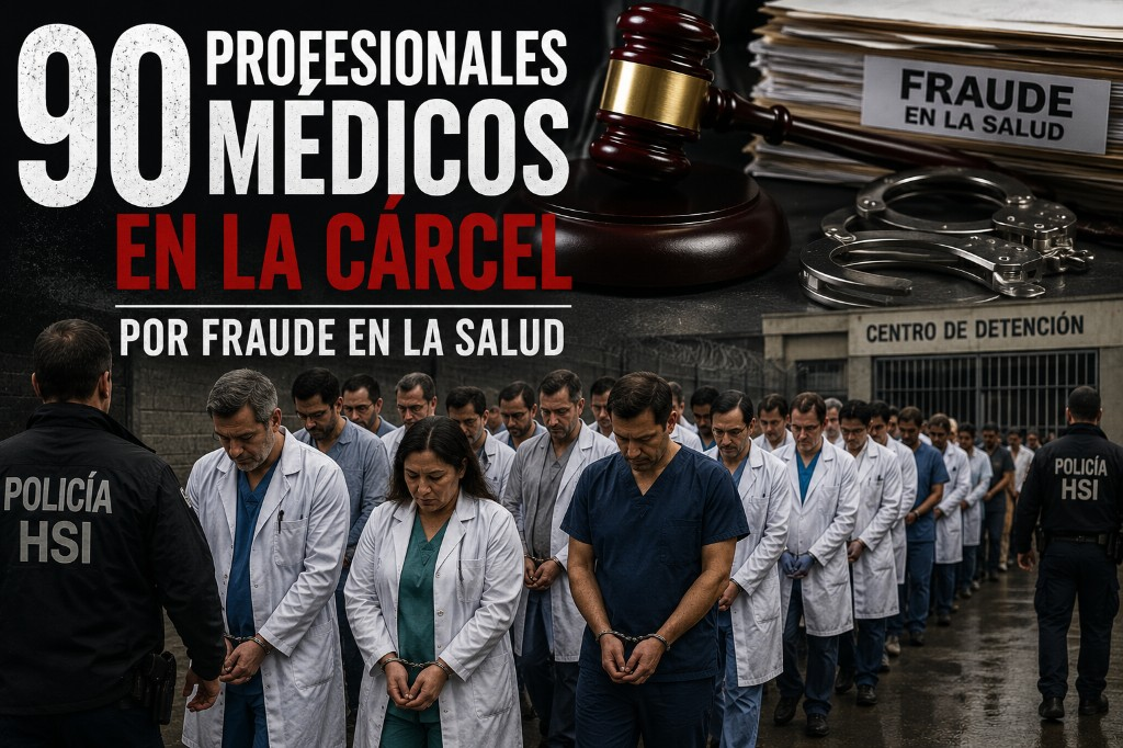 Gráfico: 90 profesionales médicos en la cárcel por fraude en la salud — operación DOJ, actualización semanal 28 junio 2026