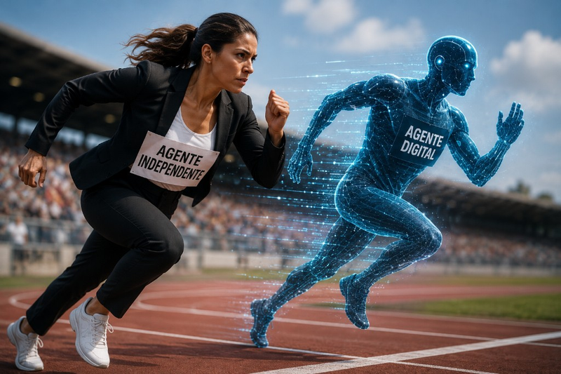 Carrera entre agente independiente y agente digital en pista de atletismo, simbolizando la competencia D2C — junio 2026