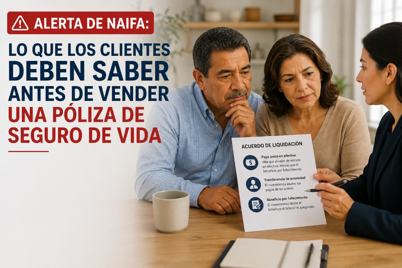 Alerta de NAIFA: pareja hispana revisando un acuerdo de liquidación de póliza con una asesora — lo que las familias deben saber antes de vender una póliza de vida, julio 2026