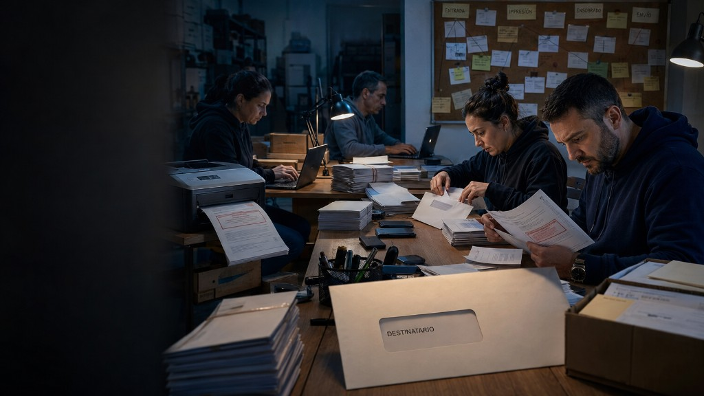 Equipo preparando envíos de correo con sobres marcados DESTINATARIO — actualización semanal 19 de julio de 2026