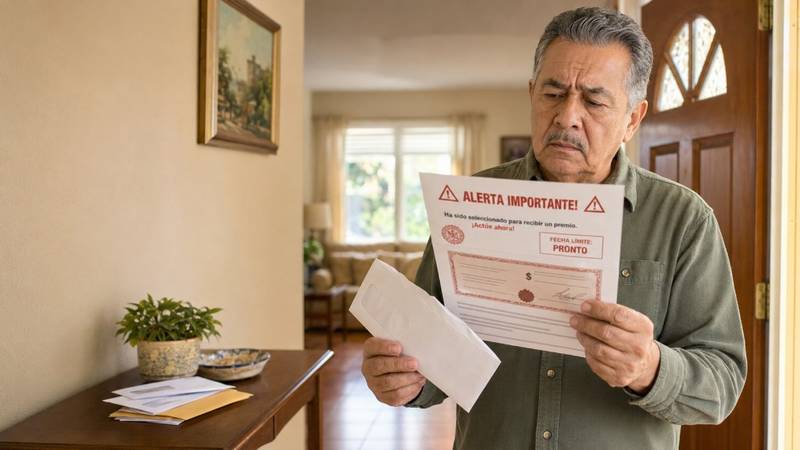 Hombre hispano mayor revisa con preocupación una carta fraudulenta en español sobre un premio falso