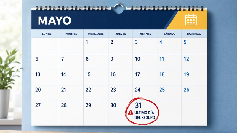 Calendario en español con el 31 de mayo marcado como último día del seguro