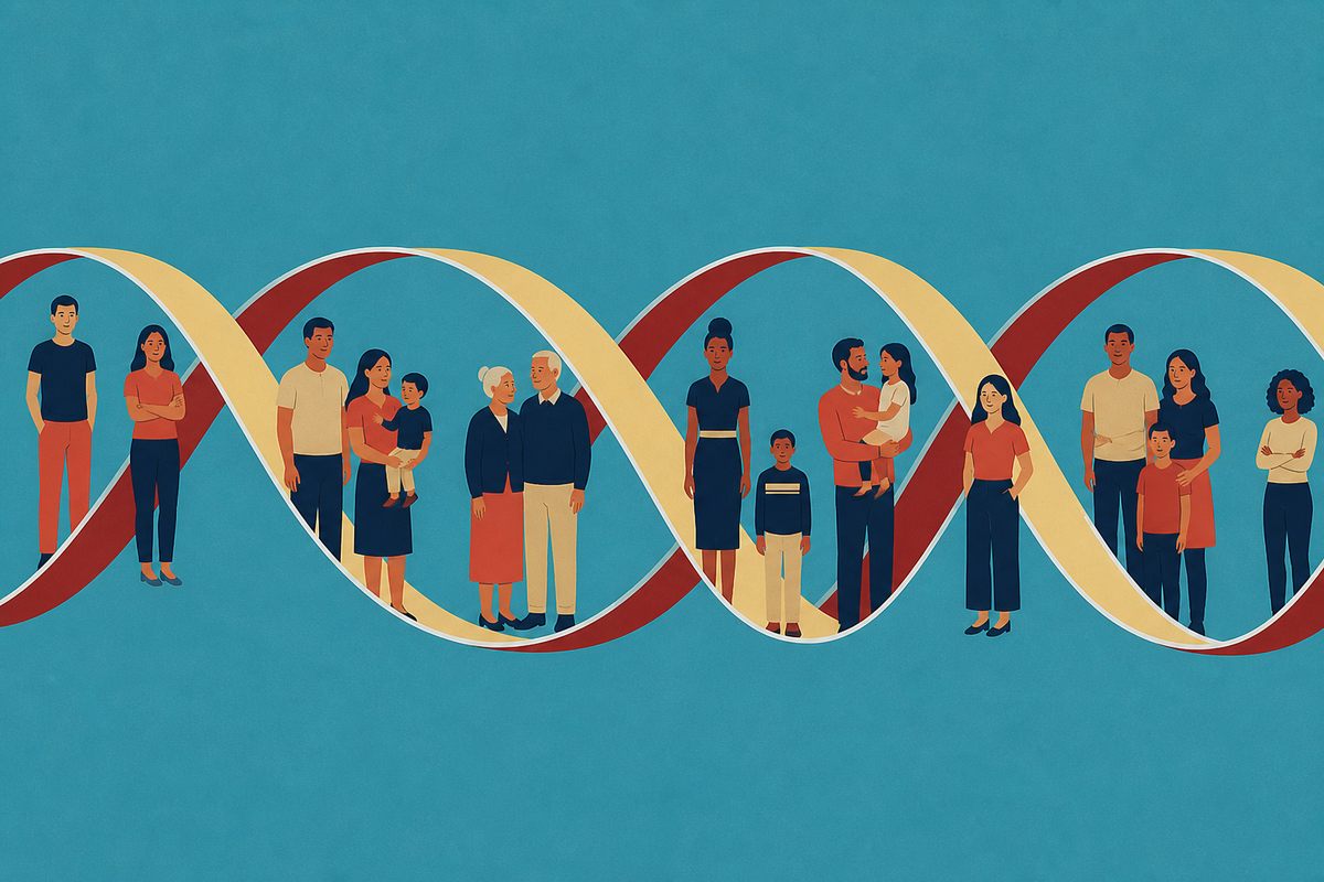 Ilustración de familias diversas junto a una hélice de ADN — 23 de agosto de 2026