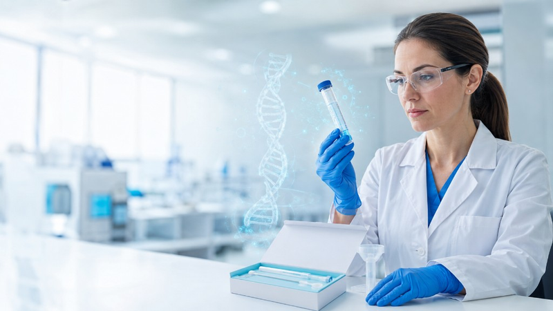 Científica en un laboratorio examina una muestra de prueba genética junto a un modelo de ADN