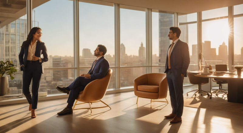 Tres profesionales en una oficina de torre al atardecer conversan sobre un plan financiero