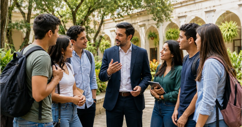Mentor habla con un grupo de adultos jóvenes en un campus universitario