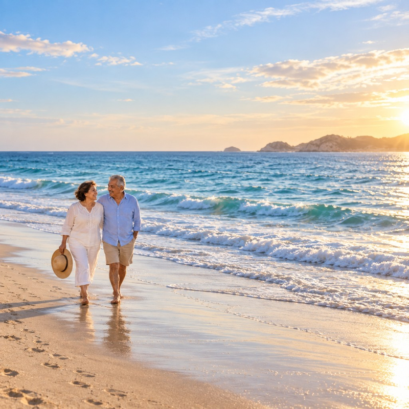 Pareja hispana mayor camina descalza por la orilla al atardecer — 6 de septiembre de 2026