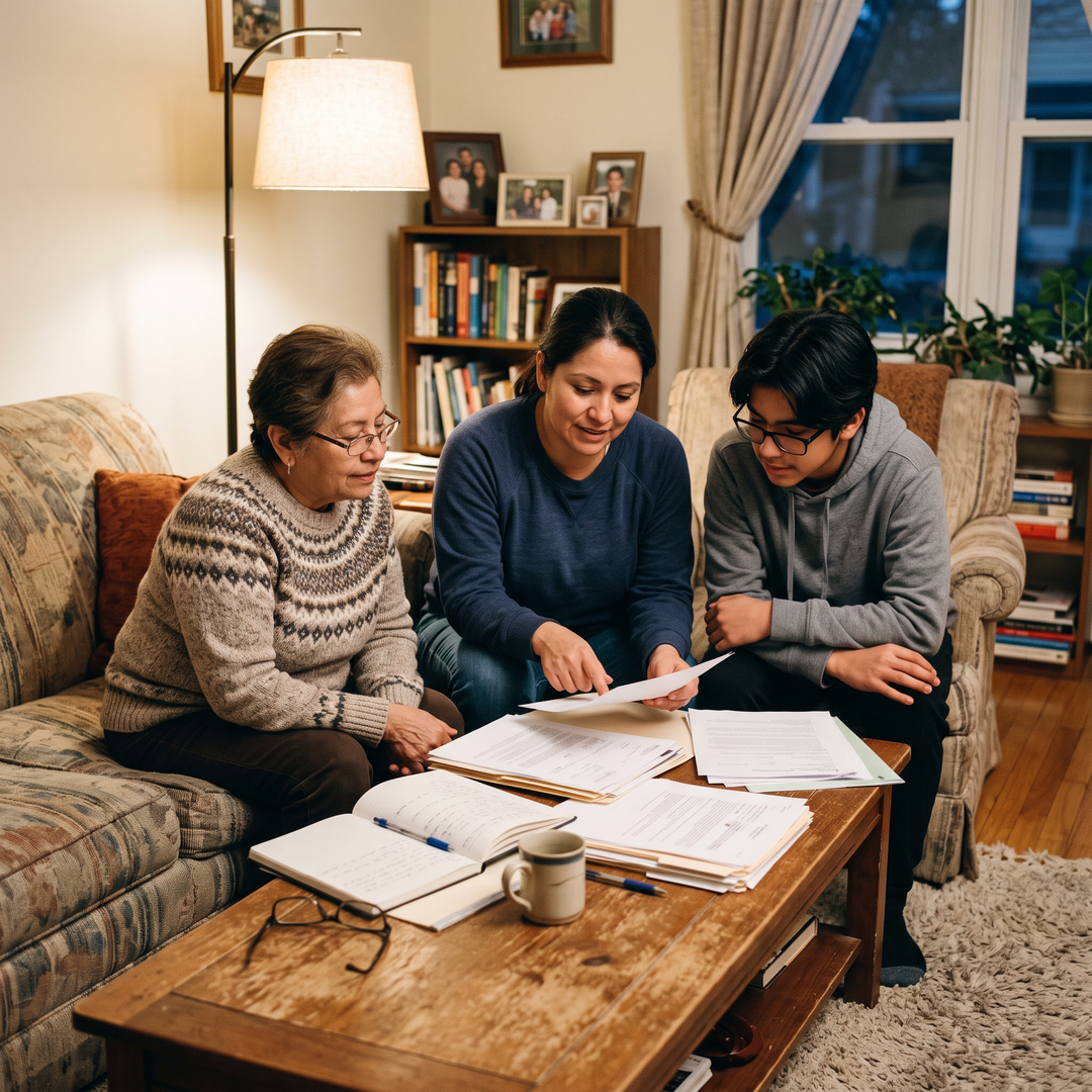 Tres generaciones de una familia hispana revisan documentos de seguro en la sala