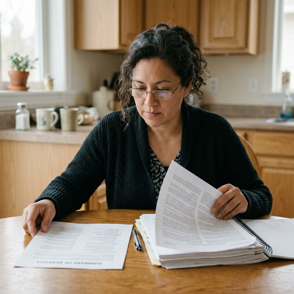 Mujer hispana compara un resumen de una página con un contrato grueso en la mesa de la cocina
