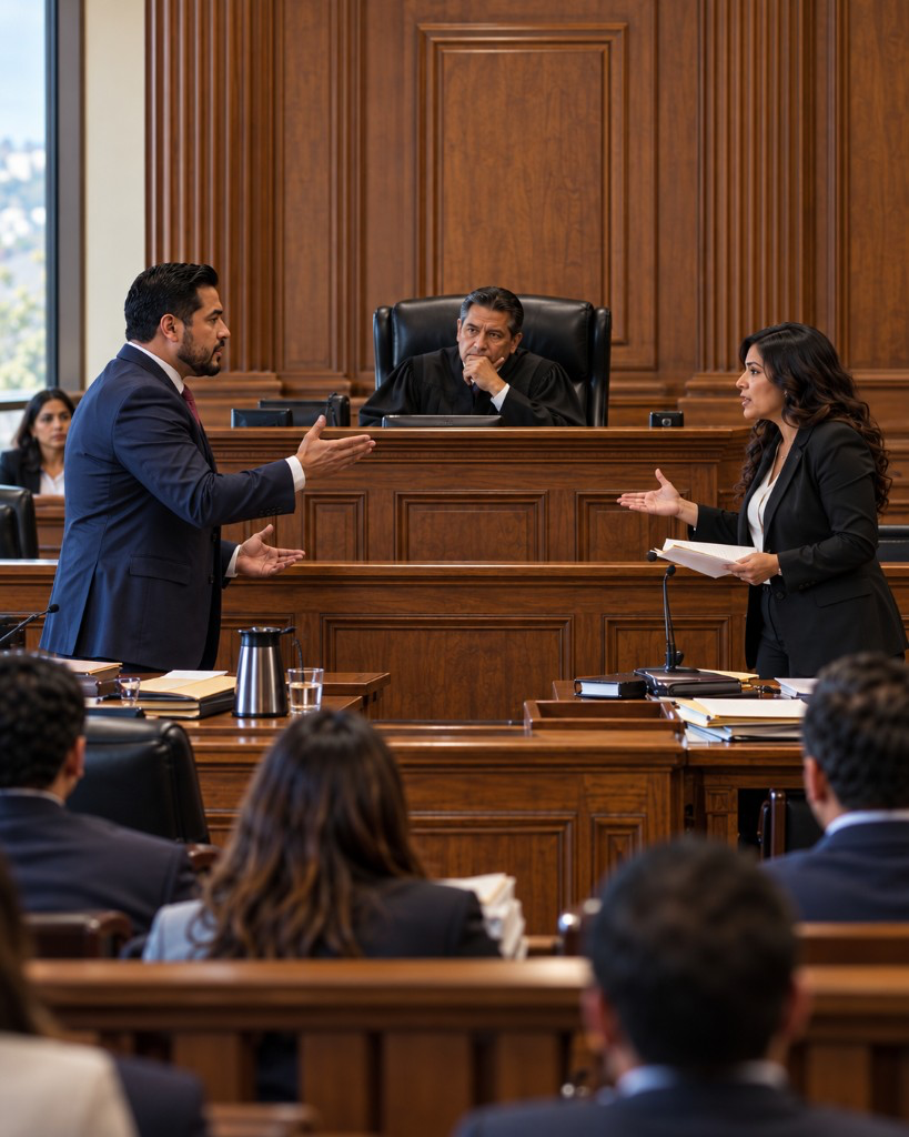 Abogados discuten frente a un juez en una sala de tribunal