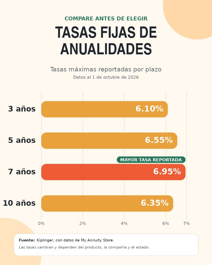 Gráfico de tasas máximas de anualidades fijas al 1 de octubre de 2026: 6.10% a 3 años, 6.55% a 5 años, 6.95% a 7 años y 6.35% a 10 años