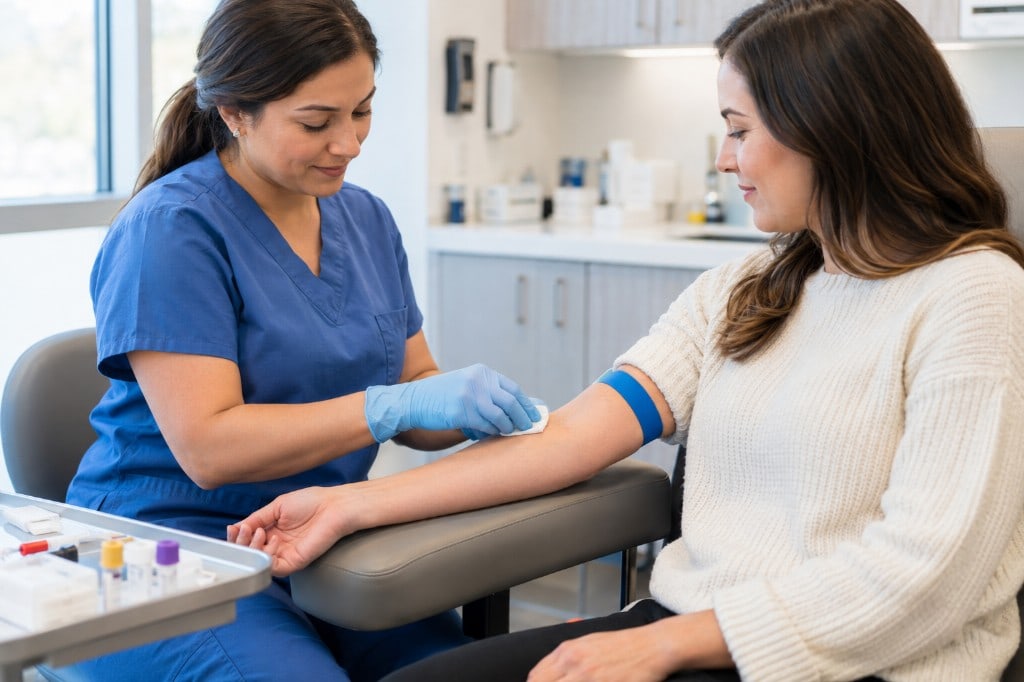 Una enfermera prepara el brazo de una mujer para una extracción de sangre, el examen de laboratorio que algunas pólizas de vida todavía piden