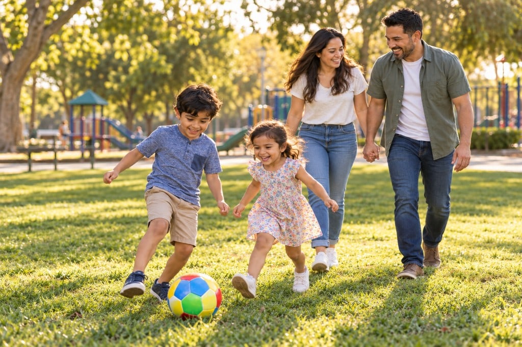 Una familia en el parque: los padres caminan juntos mientras dos niños juegan al fútbol