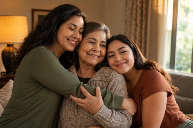 Familia abrazándose con tranquilidad